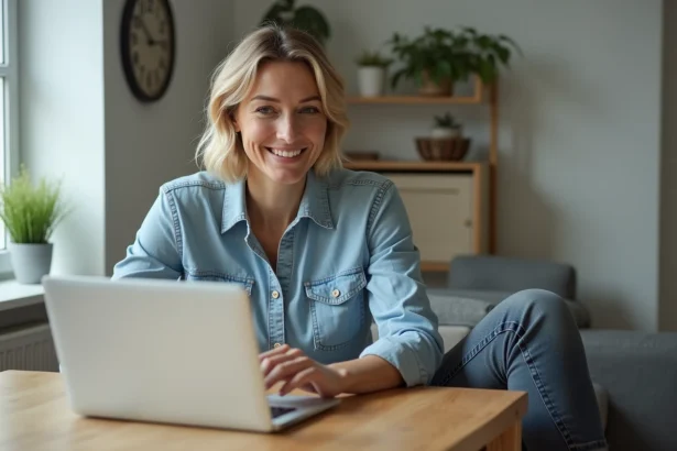 Femme détendue travaillant sur son ordinateur dans un bureau cosy