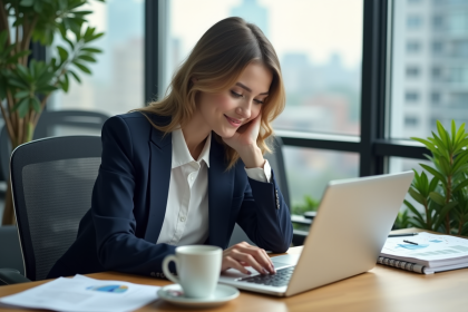 Jeune femme professionnelle travaillant sur un ordinateur dans un bureau moderne