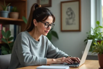 Femme concentrée travaillant sur son ordinateur dans un bureau cosy