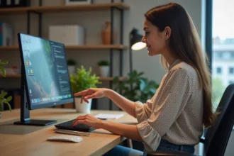 Jeune femme au bureau avec ordinateur portable et sourire