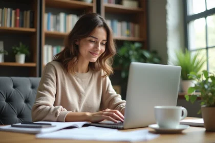 Femme souriante travaillant sur un ordinateur dans un espace de travail