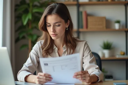 Femme au bureau regardant son ordinateur et tenant une fiche de paie