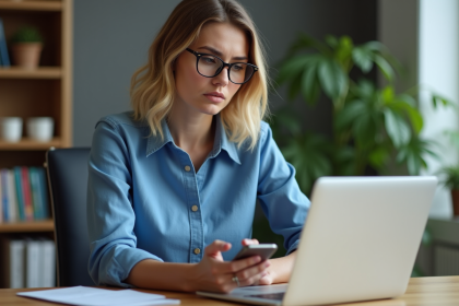 Femme au bureau regardant son écran d'ordinateur avec inquiétude
