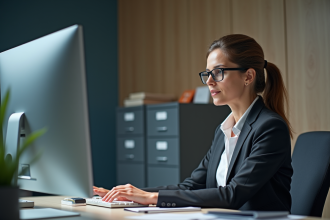 Femme d'âge moyen au bureau triant des documents numériques