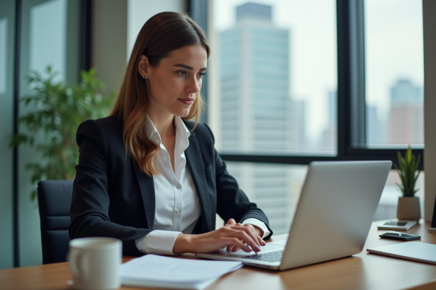 Femme professionnelle au bureau concentrée sur son ordinateur