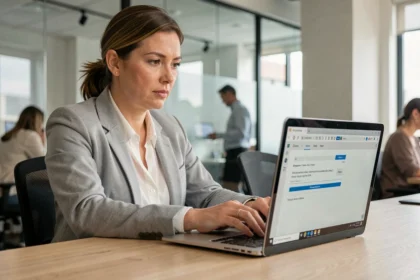 Femme en bureau moderne composant un email et vérifiant les champs destinataires Cc et Cci sur son ordinateur portable