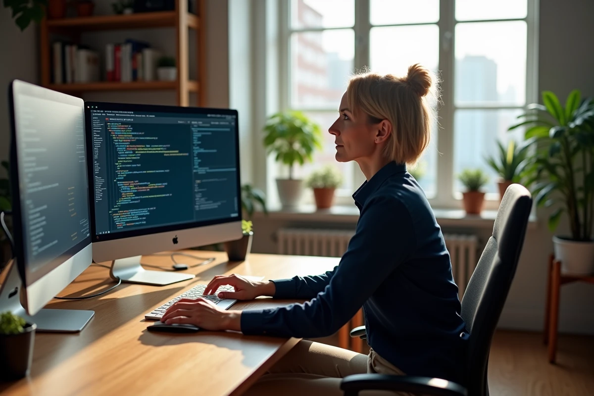 Femme d affaires analyse performance sur ses écrans