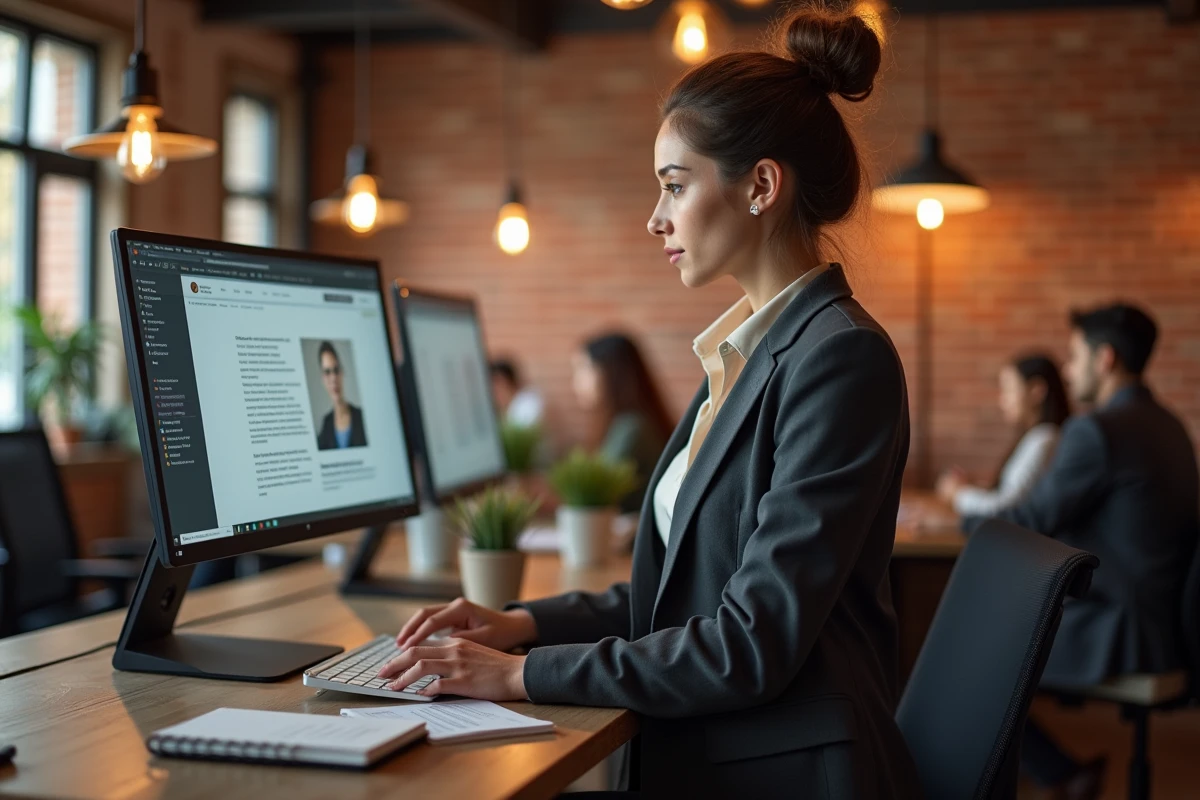 Femme cadre debout à son bureau consultant un blog professionnel sur un grand écran dans un espace de coworking