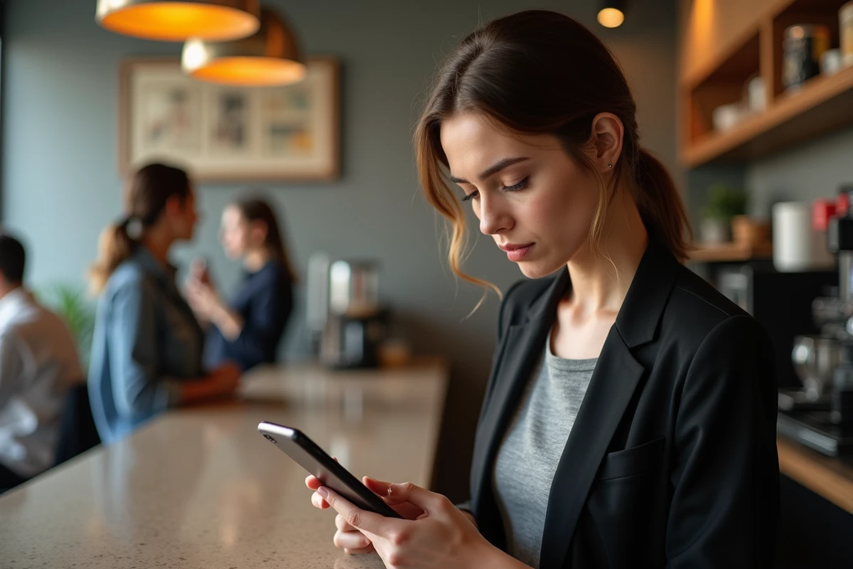 Femme dans un café regardant son téléphone avec scepticisme