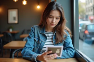 Femme au café regardant son smartphone et tenant une photo