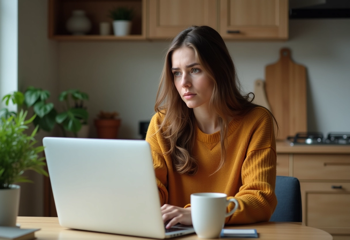 Femme à la maison étudiant un email sur son ordinateur portable