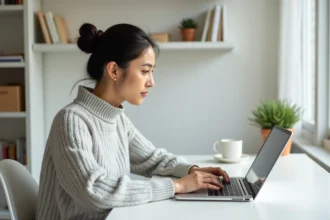 Femme tapant sur un clavier d'ordinateur portable avec des accents espagnols dans un bureau à domicile moderne