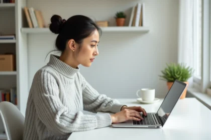 Femme tapant sur un clavier d'ordinateur portable avec des accents espagnols dans un bureau à domicile moderne