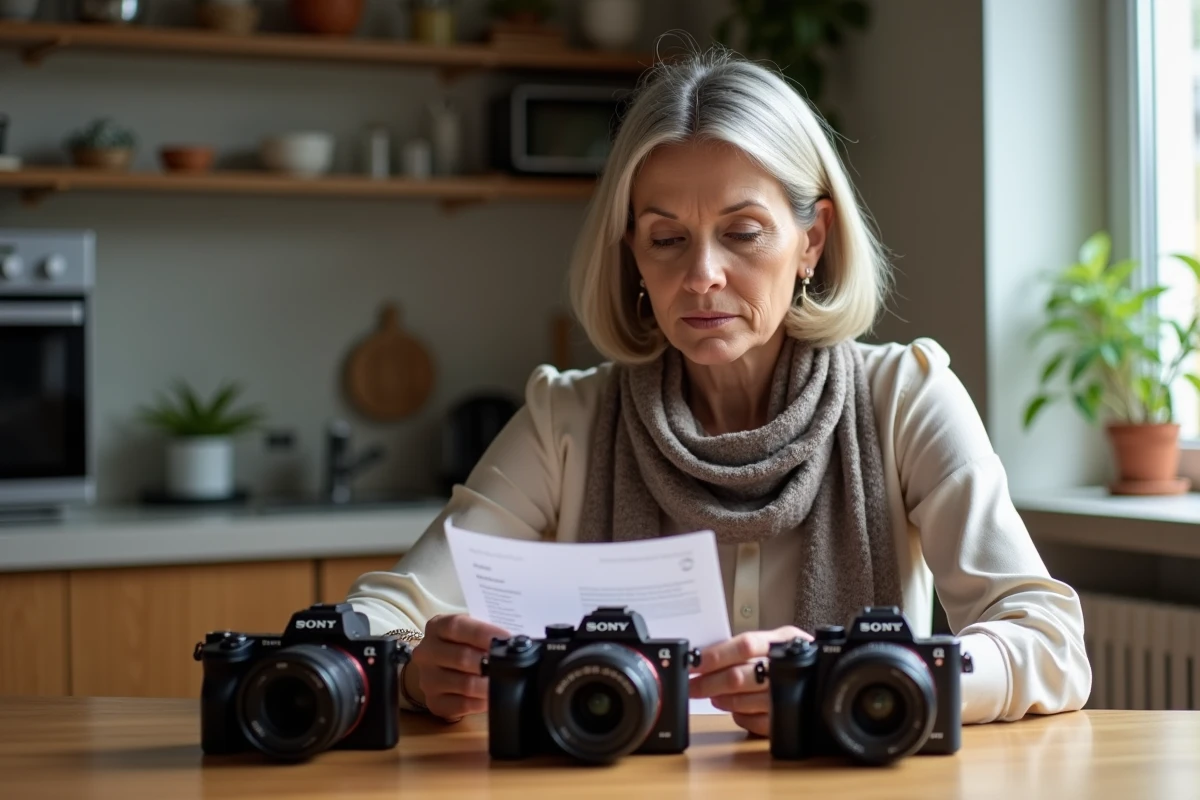 Femme compare trois cameras Sony Rexon à la maison