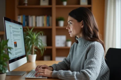 Femme consultant sa messagerie Webmail Normandie sur un ordinateur portable dans un bureau à domicile