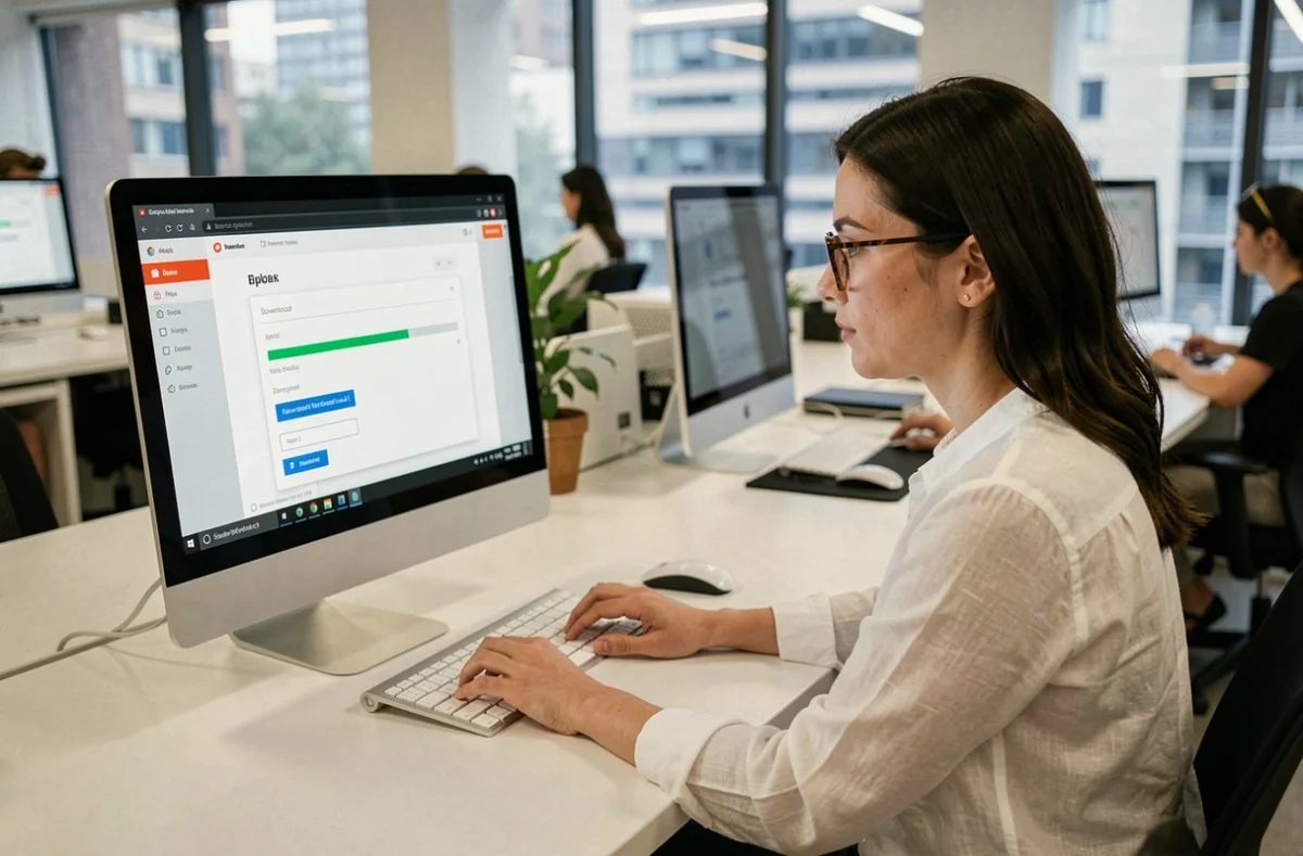 Femme utilisant un outil de conversion YouTube vers MP4 sur un ordinateur de bureau dans un espace de coworking