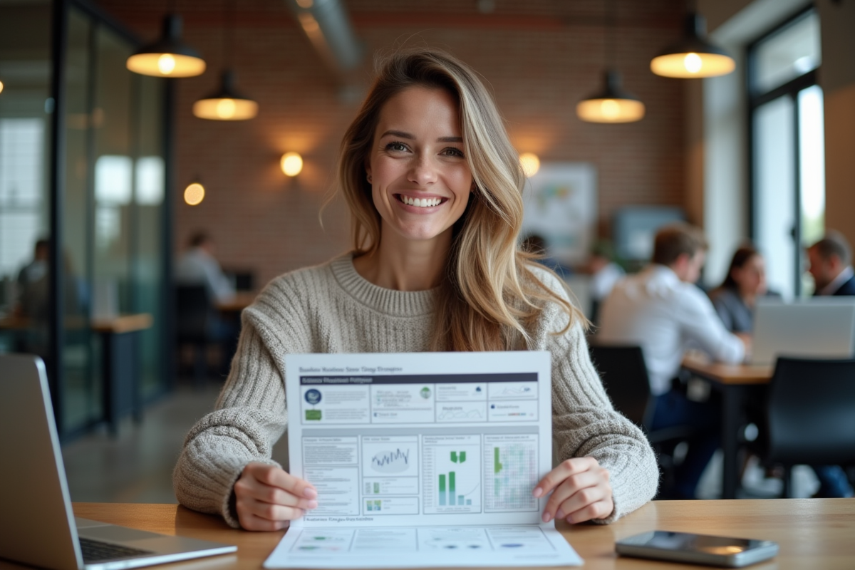 Femme souriante en coworking avec un graphique de strategie SEO