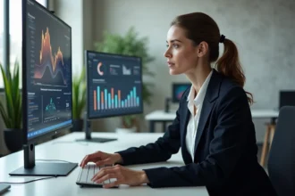 Femme créative utilisant Leonardo AI en français pour générer des visuels de campagne marketing sur un écran d'ordinateur en open space