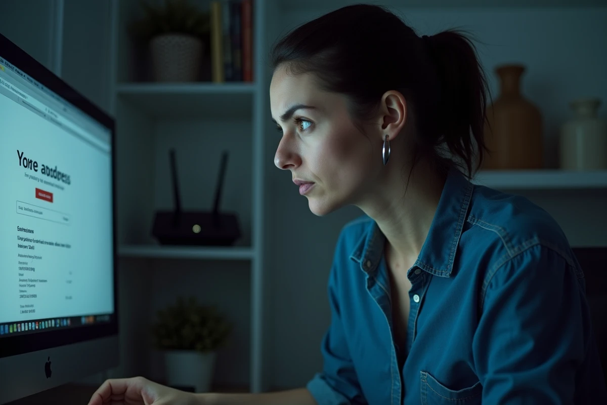 Femme devant un écran d'ordinateur affichant une erreur de connexion liée à une adresse IP réseau local incorrecte