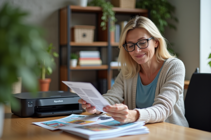 Femme examinant des flyers imprimés à la maison
