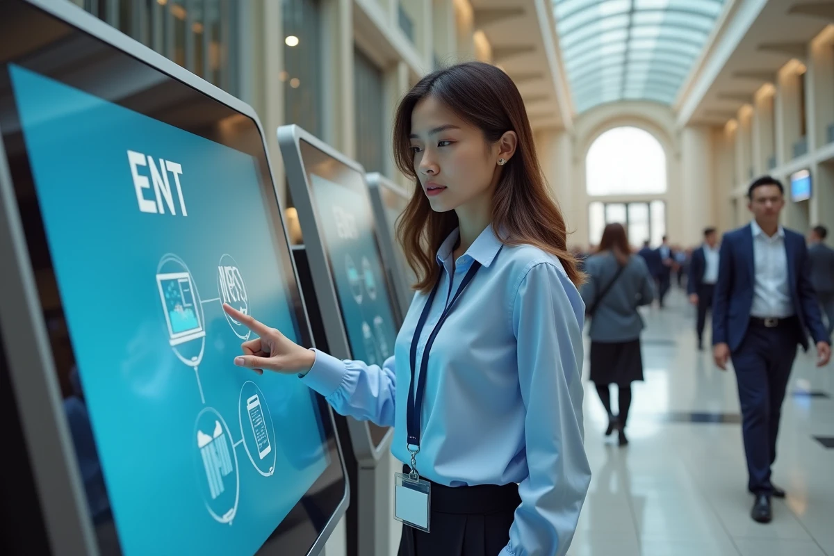 Jeune femme professionnelle utilisant un kiosque interactif dans un bâtiment public