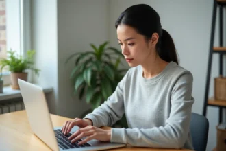 Femme utilisant un MacBook pour saisir un arobase sur le clavier, vue de dessus sur les mains et le clavier