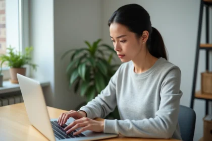 Femme utilisant un MacBook pour saisir un arobase sur le clavier, vue de dessus sur les mains et le clavier
