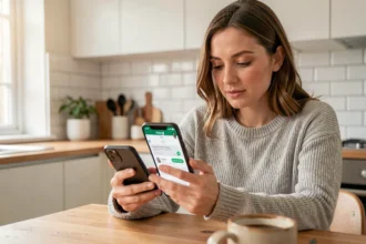 Femme programmant un message WhatsApp depuis son smartphone à la cuisine