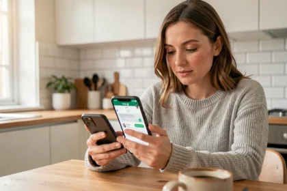 Femme programmant un message WhatsApp depuis son smartphone à la cuisine