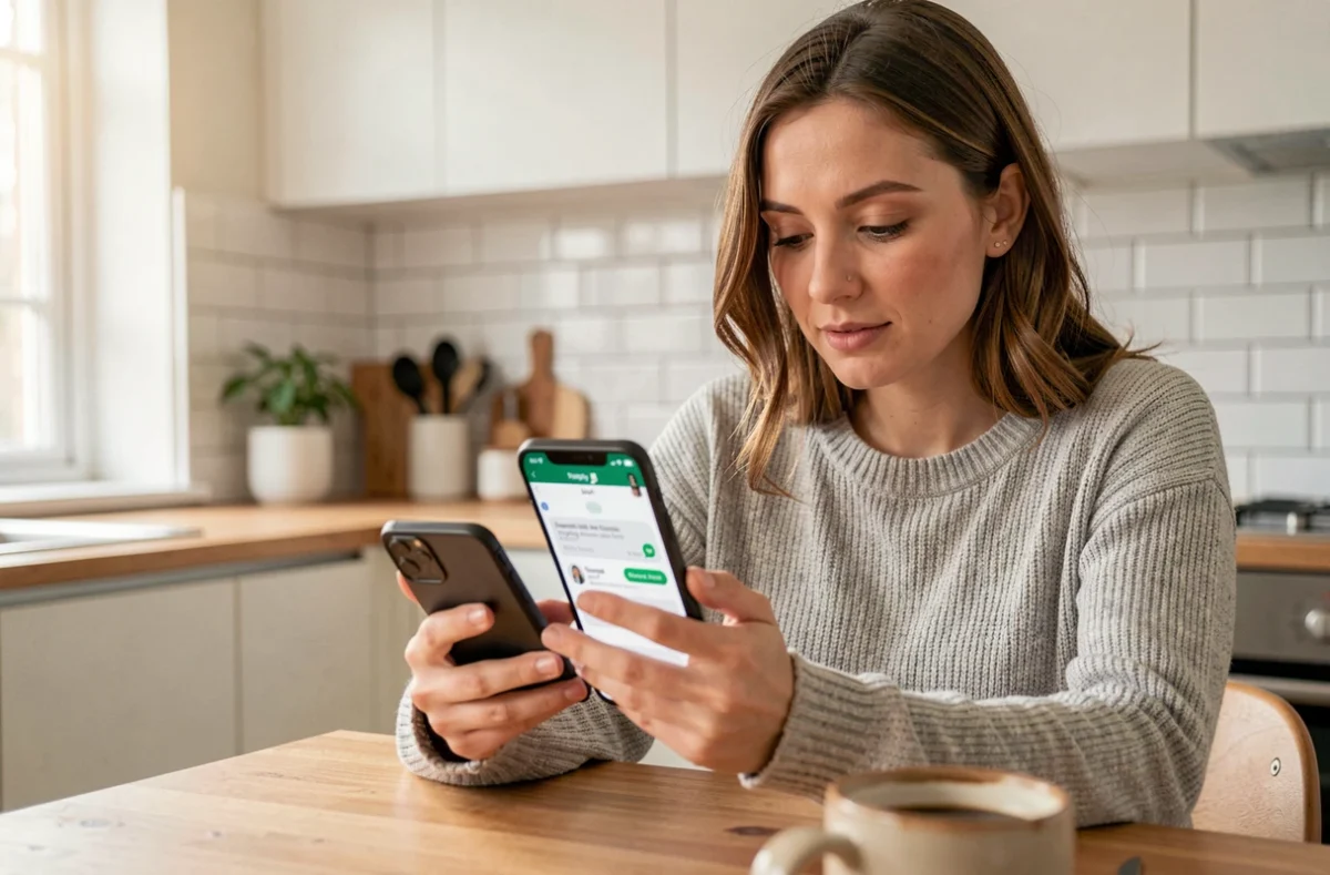 Femme programmant un message WhatsApp depuis son smartphone à la cuisine