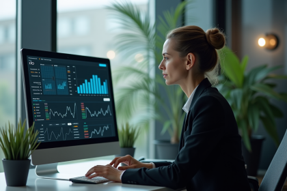 Femme d affaires regardant un écran d ordinateur avec des graphiques AI