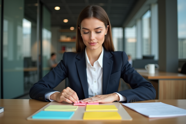 Jeune femme organisée avec notes colorées dans un bureau