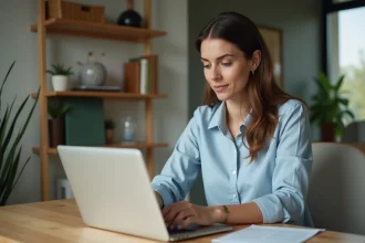 Femme au bureau regardant son bulletin de salaire en ligne