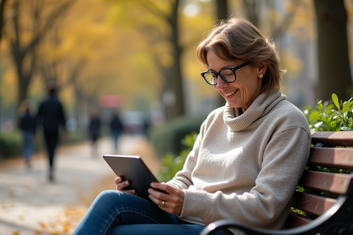 Femme assise dans un parc vérifiant son VPN sur une tablette