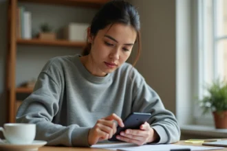 Femme utilisant le presse-papier Android sur son smartphone en appuyant longuement sur l'écran