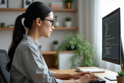 Femme utilisant des raccourcis clavier pour taper des caractères accentuels majuscules en français sur un ordinateur de bureau