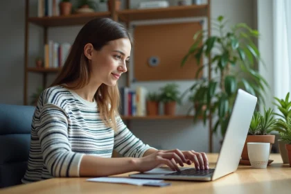 Jeune femme cherchant un icone RSS sur un ordinateur portable
