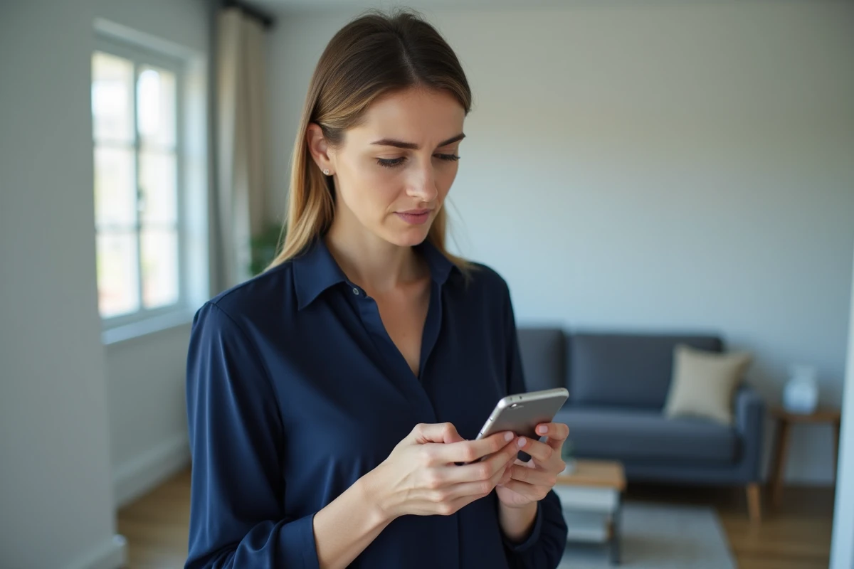 Femme consultant les résultats de son test d'éligibilité fibre SFR sur smartphone dans son salon