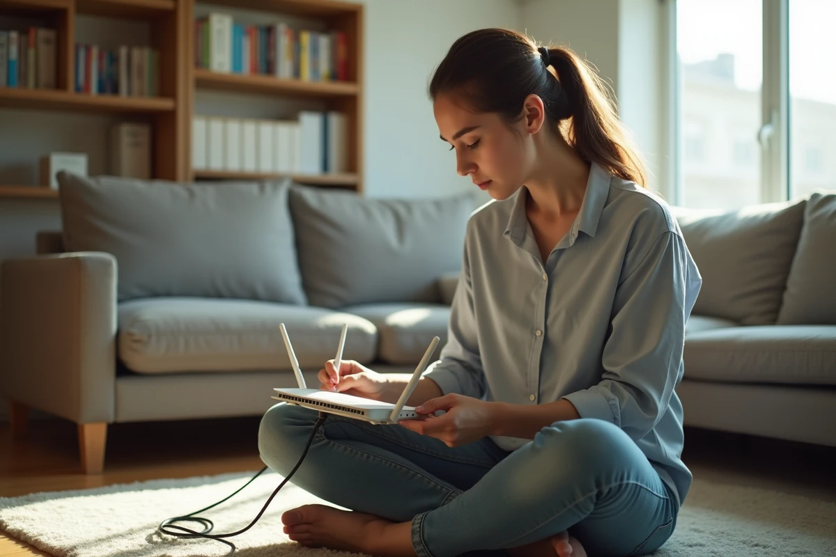 Jeune femme examinant un routeur wifi dans le salon