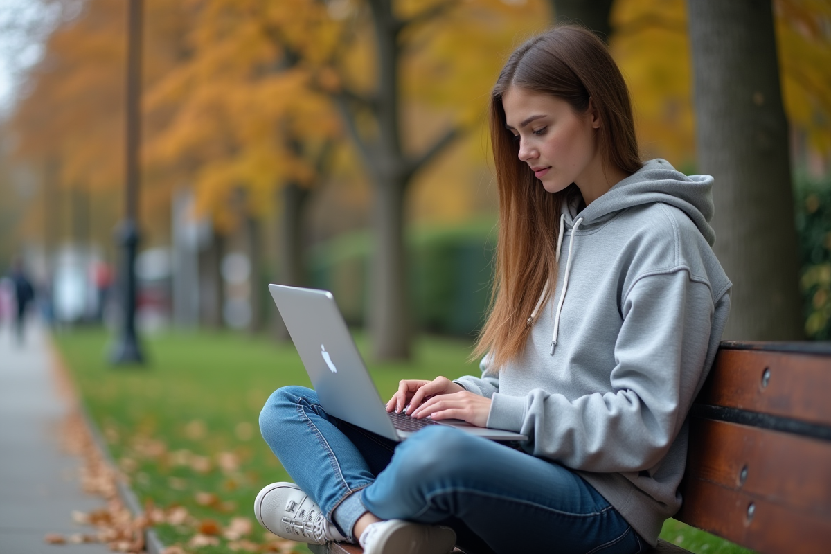 Jeune femme dans un parc avec ordinateur portable et sécurité