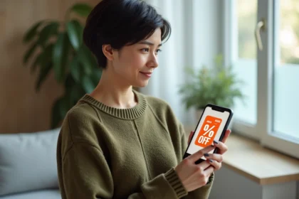 Femme tenant un smartphone Android affichant des promotions, dans un salon moderne