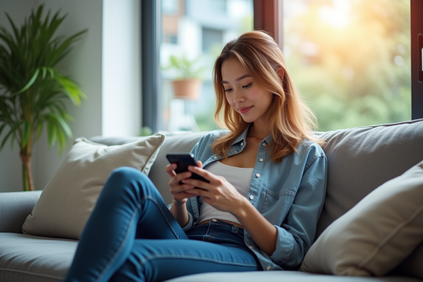 Jeune femme sur canapé regardant son smartphone avec bannières digitales