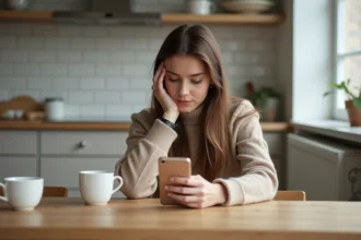 Jeune femme compare deux smartphones reconditionnes dans la cuisine
