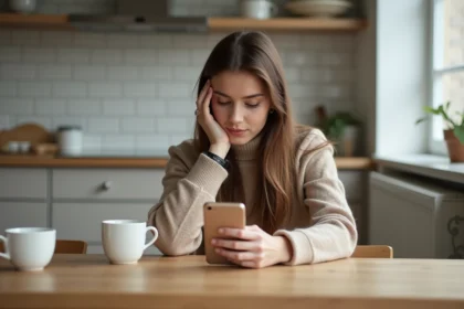 Jeune femme compare deux smartphones reconditionnes dans la cuisine