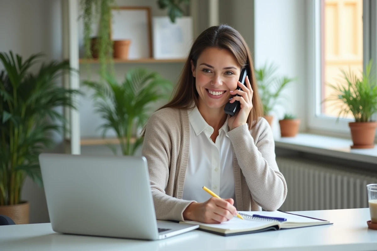 Femme en télétravail prenant des notes au téléphone