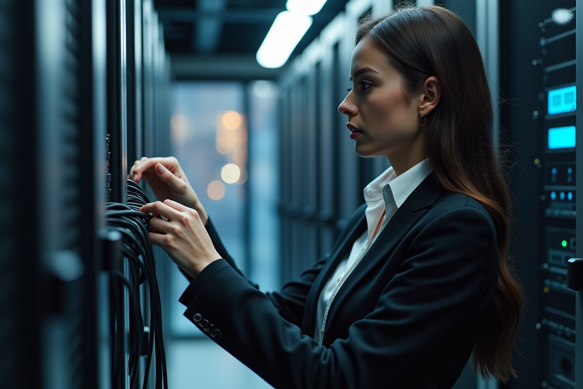 Femme IT configurant des câbles réseau dans un serveur