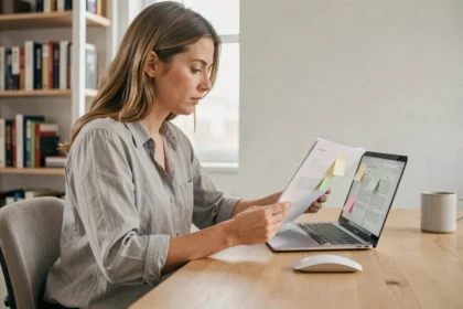 Femme consultant un PDF sur son ordinateur portable pour supprimer des pages et fusionner des documents