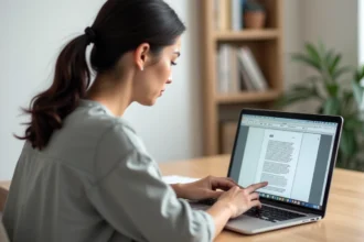 Femme utilisant un outil PDF sur ordinateur portable pour supprimer des pages d'un document