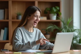 Jeune femme surprise en train de découvrir une commande secrète Google sur son ordinateur portable à son bureau