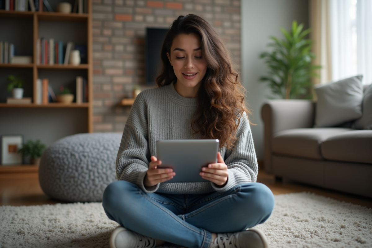 Jeune femme réagissant à une erreur 451 sur une tablette